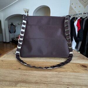 90s Y2k Chocolate Brown Nylon Gunmetal Woven Thick Chain Top Zipper Shoulder Bag
